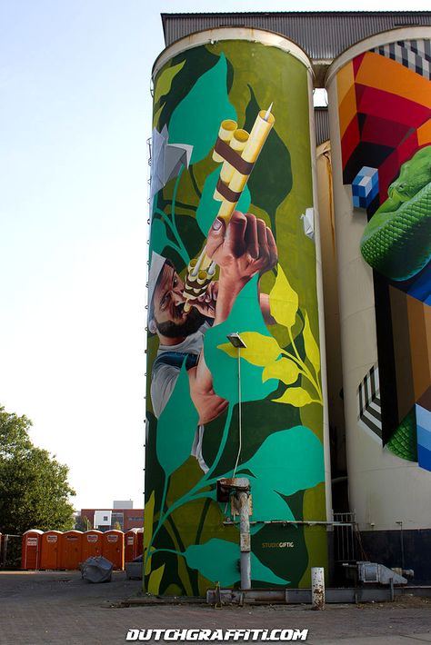 Huge work by June, Studio Giftig, Telmo & Miel, Bart Smeets, Klaas Lageweg, Dopie, JanIsDeMan, Deef Feed, Gomad and James Jetlag. Shipping Container Art, Painted Silos, Pollinator Habitat, Silo Art, Container Art, Street Murals, Art Teaching Resources, Water Towers, Street Mural