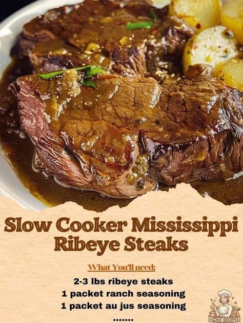 Slow Cooker Mississippi Ribeye Steaks, Crockpot Ribeye Steak Recipes, Cooking Ribeye Steak, Crockpot Steak, Ribeye Steak Recipes, Au Jus Gravy, Meat Dish, Grandmas Recipes, Ribeye Steak