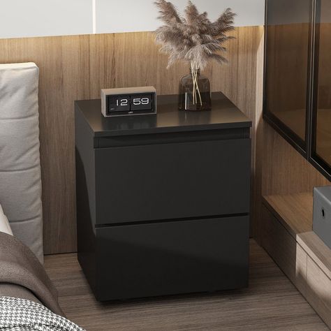 Our 2 Drawer Nightstand is designed to fit any space in the home and is the ideal bedside companion, providing convenient storage for bedtime essentials. Two drawers, designed without handles, offer ample storage space, making this an indispensable addition to any well-appointed bedroom. The fade-resistant, clean surface creates soft edges for a clean, linear design and is easy to clean, making it an ideal choice for a variety of settings. Black Nightstand Bedroom, Black Bedside Tables, Glamour Room, Bedside Dresser, Black Room Decor, Target Furniture, Black Bedside Table, Nightstand Set, Black Nightstand