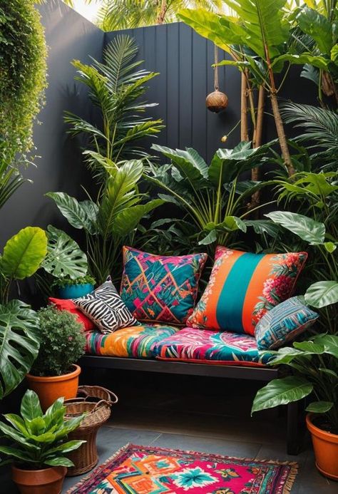 Home Outdoor Decor Ideas, Garden Boho Ideas, Bright Garden Ideas, Home And Garden Design Ideas, Small Courtyard Ideas Garden Nook, Tropical Furniture Design, Small Back Patio Ideas, Small Patio Gardens, Cool Garden Ideas