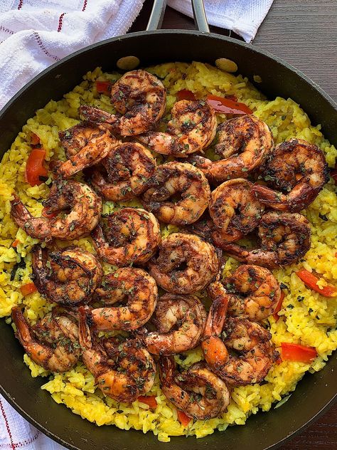 Jerk Shrimp With Pineapple Rice, African Shrimp Recipes, Carribean Shrimp Recipes, Jerk Steak And Shrimp Over Yellow Rice, Caribbean Shrimp Recipes, Jerk Shrimp Recipe, Jamaican Shrimp Recipes, Pescatarian Recipes Dinner, Jerk Shrimp Pasta