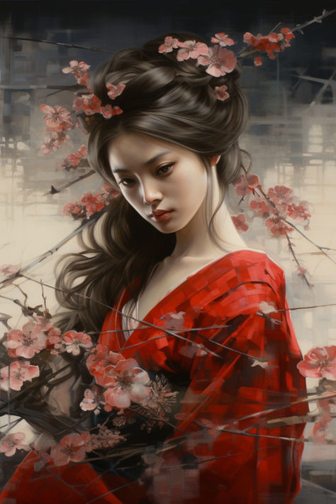 Japanese Geisha Art, Sakura Cherry Blossoms, Traditional Kimono Illustration, Modern Digital Artwork, Asian Culture Fine Art, Red Kimono Geisha, Tranquil Beauty Canvas Print, Japan Inspired Wall Art, Elegant Geisha Portrait, Cherry Blossom Artwork Black Geisha Art, Kimono Illustration, Japanese Expressions, Japanese Geisha Art, Geisha Portrait, Modern Geisha, Geisha Artwork, Kimono Geisha, Art Geisha