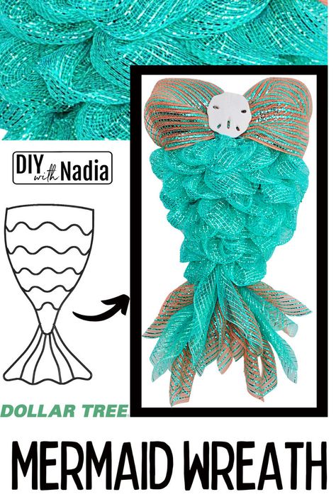 Deco Mesh Mermaid Wreath | Dollar Tree Coastal Spring Summer DIY Mermaid Tail Wreath Form, Mermaid Tail Wreath, Mermaid Wreath, Diy Mermaid Tail, Diy Mermaid, Nautical Wreath, Mermaid Halloween, Mermaid Diy, Wreath Diy