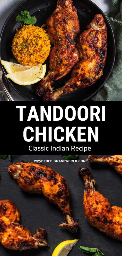 Spice up the dinnertime with this smoky and perfectly juicy tandoori chicken. Marinated in yogurt and cooked in the oven, this recipe comes together in minutes! Sheet Pan Tandoori Chicken, Whole Tandoori Chicken Air Fryer, Tandoori Chicken Oven Baked, Easy Tandoori Chicken Recipe, Chicken Marinated In Yogurt, Authentic Tandoori Chicken Recipe, Tandoori Chicken Recipe, Oven Chicken Recipes, Indian Curries