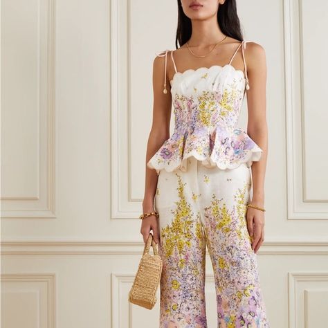 Zimmermann set Jude floral linen pants and top with belt Zimmerman Jumpsuit, Eltz Castle, Europe Aesthetic, Dream Outfits, Baddie Tips, Belted Pants, Sustainable Style, Wide Leg Linen Pants, Linen Style