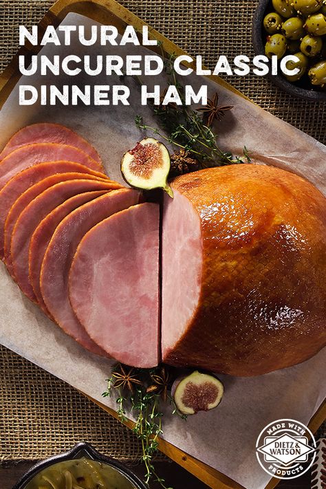 Dietz & Watson's All Natural Uncured Classic Dinner Ham is handcrafted with sea salt and delicious smoky undertones. Uncured Ham Recipe, Ham Dinners, Easy Ham Glaze, Dinner Ham, Spicy Ham, Ham Glaze Brown Sugar, Electric Smoker Recipes, Brown Sugar Ham, Ham Dinner