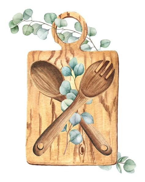 Kitchen Painting Art, Wooden Fork, Kitchen Artwork, Farmhouse Decor Rustic, Fork And Spoon, Free Art Prints, 수채화 그림, Farmhouse Art, Kitchen Prints