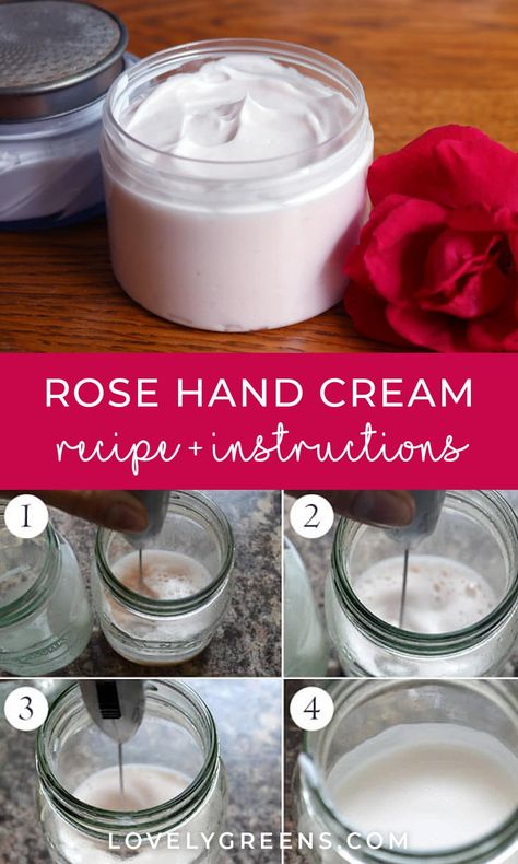 Rose Hand Cream Recipe with Honey and Rosewater - Lovely Greens Diy Body Cream, Hand Cream Recipe, Body Cream Recipe, Diy Hand Cream, Recipe Using Honey, Recipe With Honey, Rose Hand Cream, Milk Soap Recipe, Lovely Greens