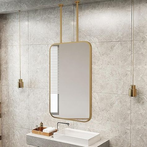 Amazon.com: Yopappol Gold Ceiling Mounted Mirror with Metal Hanging Rod, Bathroom Mirrors for Vanity, Modern Suspended Mirror with Round Corner Rectangular Frame, Home Simple Style Mirror (Size : 50cmx70cm) : Home & Kitchen Ceiling Mounted Mirror, Mirrors For Vanity, Suspended Mirror, Vanity Modern, Gold Ceiling, Home Simple, Charleston Homes, Bathroom Ceiling, Bathroom Mirrors