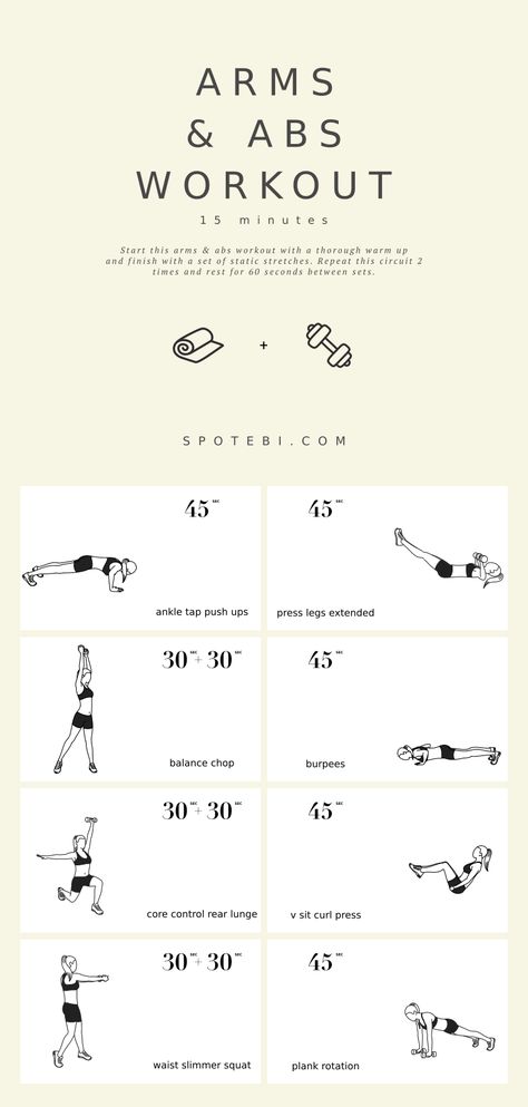 Having a strong core is essential for strengthening the rest of your body and this 15-minute arms and abs workout pairs ab defining moves with arm conditioning for the best dual-toning exercises! To see some serious results and improve your posture and balance, make sure you engage your core during every move you do! https://www.spotebi.com/workout-routines/arms-abs-15-minute-workout/ 5 Minutes Workout, Arms And Abs Workout, Arm Circuit, Ab And Arm Workout, 10 Minute Abs, Sixpack Workout, Arm Workout Women, Arms And Abs, 15 Minute Workout