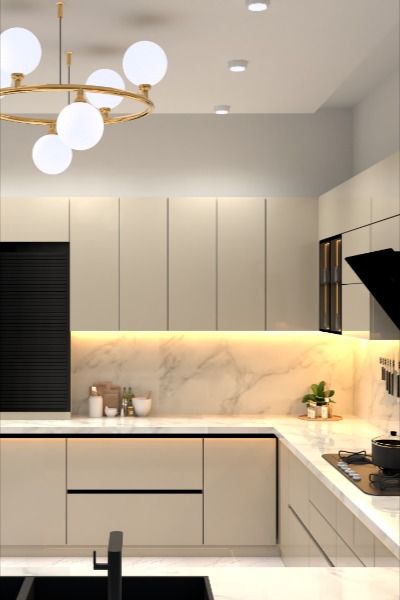 A sleek modular kitchen in champagne color for base and top cabinets. Kitchen Champagne Color, Champagne Kitchen Cabinets, Kitchen Modular Colors, Vanilla Kitchen Cabinets, Champagne Kitchen, Modular Kitchen Ideas, Top Cabinets, Color Consultation, Modular Cabinets