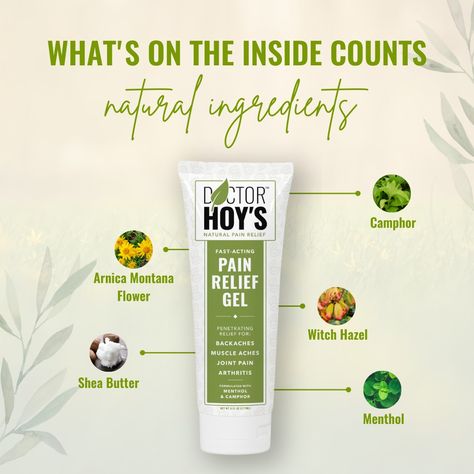 Experience fast-acting relief with Doctor Hoy’s Natural Pain Relief Gel! 🌿 Designed to target arthritis, sprains, strains, inflammation, backaches, sore joints, and muscles, its powerful formula blends menthol, camphor, and arnica for deep, natural relief. Enjoy quick absorption, a disappearing scent, and hours of soothing comfort. Say goodbye to pain and hello to relief that lasts with Doctor Hoy’s! #DoctorHoys #NaturalRelief #PainFreeLiving Pain Relief Gel, Arnica Montana, Natural Pain Relief, Muscle Aches, Pain Free, Pain Relief, Say Goodbye, Shea Butter, Muscles