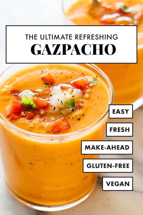 This gazpacho recipe is the best! It’s a REFRESHING summertime soup, perfect for your garden tomatoes and cucumber. This classic gazpacho is a wonderful summer appetizer, side dish or light meal. #cookieandkate #gazpacho #summerrecipe #healthyrecipe #vegan #glutenfree Tomato Gazpacho Recipe, Raw Vegan Gazpacho, Best Gazpacho Recipe, Gazpacho Appetizer, Vegan Gazpacho, Gazpacho Recipes, Gazpacho Soup Recipe, Summer Gazpacho, Cold Soup Recipes