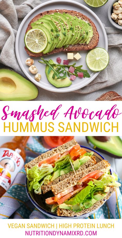 High Protein Hummus, Lunch Ideas High Protein, Avocado Sandwich Vegan, Protein Hummus, Sandwich With Hummus, Avocado Sandwich Recipes, Easy Healthy Vegetarian Recipes, High Protein Recipe, Hummus Sandwich