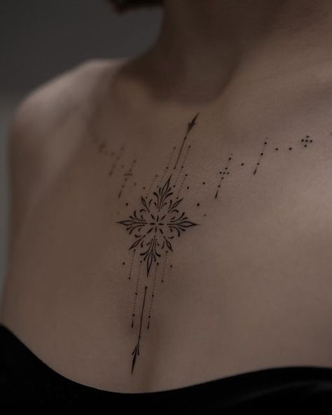 ʟᴏʀᴇᴛᴛᴀ ʙʀᴜᴢɢᴜʟᴇ on Instagram: "line & dots" Lines And Dots Tattoo, Fineline Chest Tattoo, Celestial Chest Tattoo, Line And Dot Tattoo, Dotted Tattoo Design, Dot Tattoos For Women, Line Dot Tattoo, Women Chest Tattoo Classy, Sternum Tattoo Female