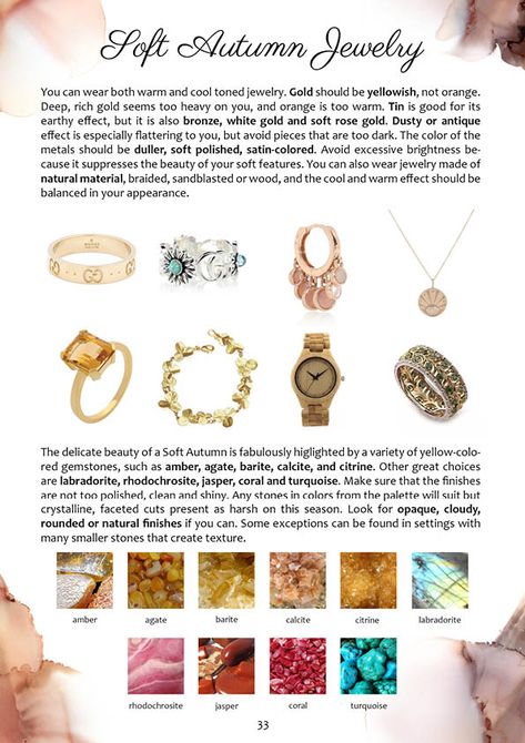 Soft Autumn Color Palette and Wardrobe Guide – Dream Wardrobe Soft Autumn Jewelry Colour, Jewelry For Soft Autumn, Soft Autumn Jewellery, Deep Autumn Color Palette Jewelry, Soft Autumn Jewelry Accessories, Soft Autumn Gold Or Silver, Fair Soft Autumn Color Palette, Soft Autumn Color Palette Jewelry, Soft Summer Color Palette Jewelry