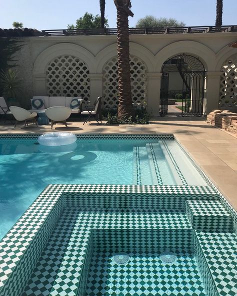 Tiled Pool Area, Unique Pool Tile, Checkered Pool Tile, Chevron Pool Tile, Pool With Green Tile, Pool Mosaic Ideas, Striped Pool Tile, Checkered Pool, Green Tile Swimming Pool