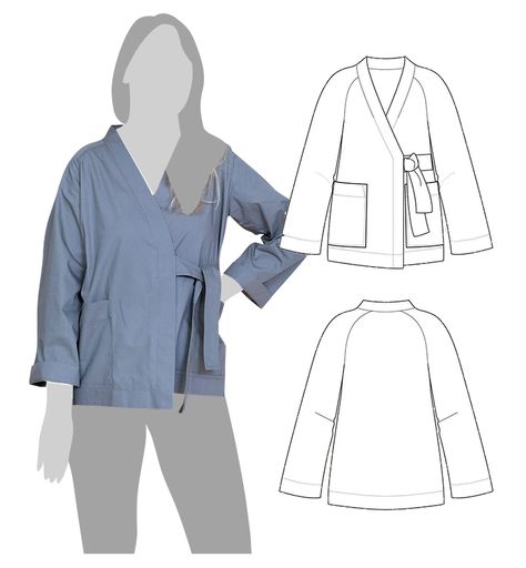 Sew your own workwear-inspired wrap jacket with raglan sleeves using this sewing pattern. The design offers a slightly oversized fit, large patch pockets for added functionality, and a tie closure, making it the perfect addition to your wardrobe. Raglan Pattern Sewing, Sewing Pattern Wrap Top, Free Kimono Jacket Sewing Pattern, Avant Garde Sewing Pattern, Free Kimono Sewing Pattern, Kimono Outer Pattern, Kimono Top Pattern, Kimono Robe Sewing Pattern, Kimono Jacket Pattern Free