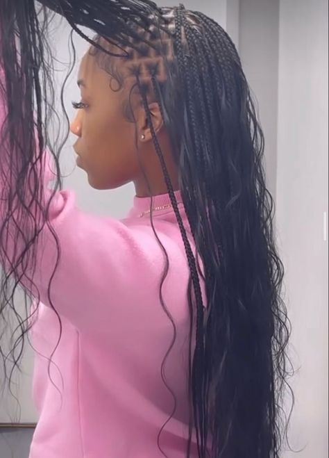 Greece Hairstyles Black Women, Body Wave Knotless Braids, Mini Goddess Braids, Pic And Drop Braids, Human Hair Goddess Braids, Small Braids With Curls, Body Wave Braids, Braids With Wavy Ends, Human Hair Braids