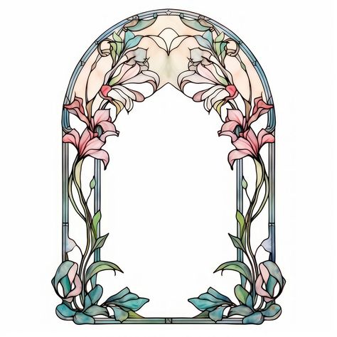 Stained Glass Nouveau, How To Draw Stained Glass Patterns, Stained Glass Wedding Arch, Flower Arch Drawing, Stained Glass Art Drawing, Art Nouveau Stained Glass Window, Stain Glass Drawing, Floral Frame Drawing, House Banner Design