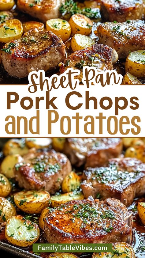 Get ready for an easy and delicious dinner with these Sheet Pan Pork Chops and Potatoes! Juicy pork chops are paired with flavorful roasted potatoes, making for a hearty meal all on one pan. Perfect for busy weeknights or family gatherings. Save this simple recipe for your next dinner and enjoy a tasty, stress-free cooking experience! Boneless Pork Chop Recipes With Potatoes, Pork Chop Skillet Dinner, Pork Chop Baked Recipes, Pork Chops And Veggies In Oven, Baked Pork Chops And Potatoes In Oven, Recipe For Boneless Pork Chops, Pork Chop Sheet Pan Recipes, One Pan Pork Chops And Potatoes, One Pot Pork Chop Meals