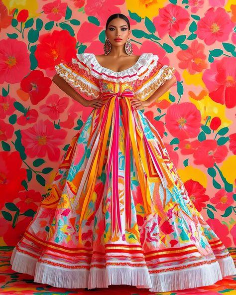 Colorful. Classy. Elegant. #modernmexicanas 🌺💃🇲🇽 Latin American Dress, Mexican Dress Up, Once Upon A Time Prom, Guatemala Aesthetic, Mexico Costume, Jalisco Dress, Mexico Dress, Vestido Charro, Cultural Outfits