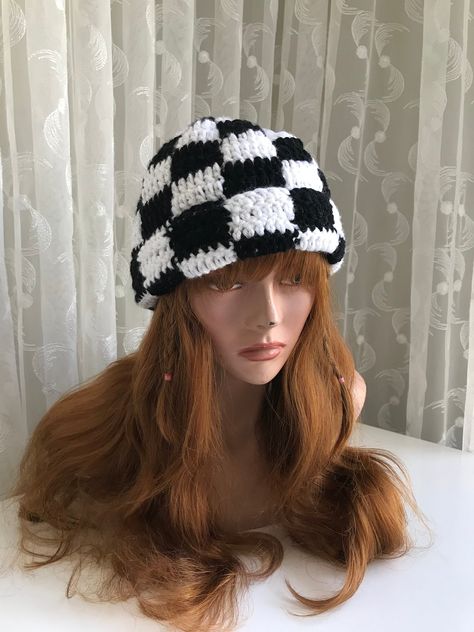 Crochet Hats Men, Crochet Checkered Hat, Crochet Checkered Beanie, Winter Hat Men, Checkered Beanie, Crochet Checkered, Unisex Crochet, Crochet Winter Hat, Crochet Mens Hat