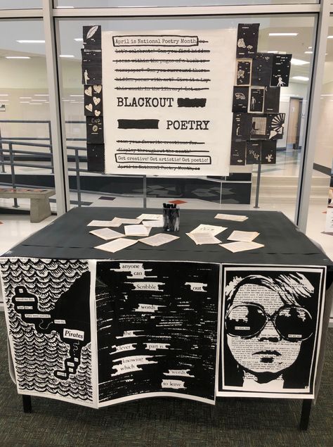 Classroom Library High School, Library Activity Ideas, Library School Ideas, National Poetry Month Library Display, High School Library Decor, May Book Displays, Poetry Library Display, May Library Displays, Middle School Library Ideas