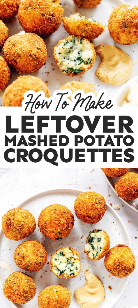 Mashed Potato Cheese Balls, Mashed Potato Croquettes, Potato Croquettes Recipe, Potato Croquette Recipe, Croquettes Recipe, Potato Appetizers, Meatball Dinner, Vegan Mashed Potatoes, Leftover Potatoes