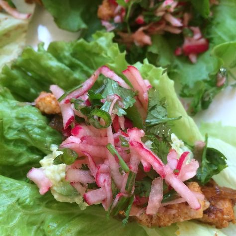 Chicken Tacos with Radish Cilantro Slaw Radish Slaw, Radish Tacos, Radish Salsa For Tacos, Radish Slaw For Tacos, Radish Salad Mexican, Radish Taco Topping, Spicy Radish Salad, Slaw For Tacos, Cabbage Tacos