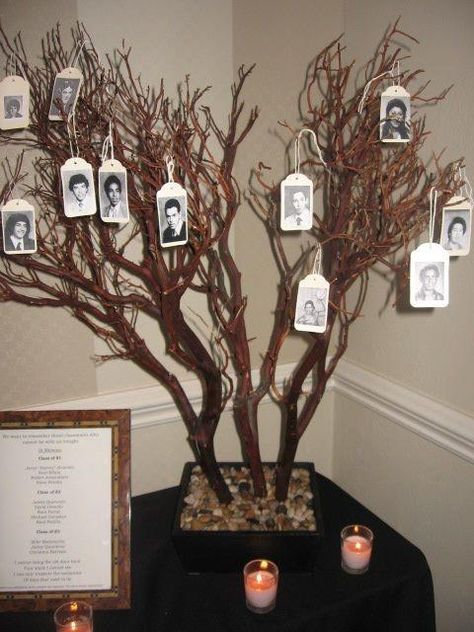 Create a Memory Tree with yearbook photos, and surround the tree with candles.  In a frame, you can list the names of the departed. High School Reunion Planning, Family Tree Ideas, School Reunion Decorations, Class Reunion Planning, 50th Class Reunion Ideas, Reunion Centerpieces, High School Class Reunion, Memorial Tree, Class Reunion Decorations