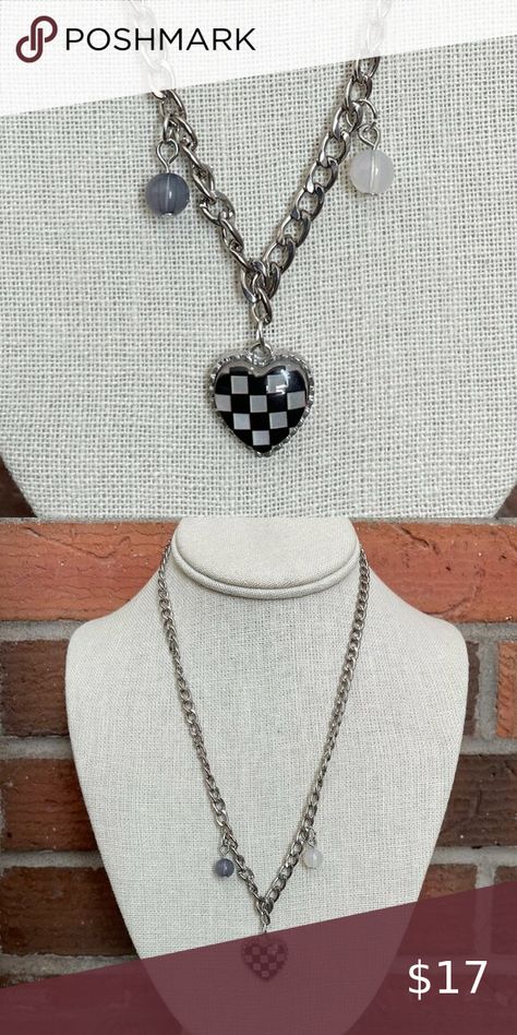 Black Checkerboard Heart Charm Necklace Post Jewelry, Heart Charm Necklace, Trading Post, Cute Charms, Long Pendant, Cable Chain, Heart Charm, Shop Necklaces, Bead Charms