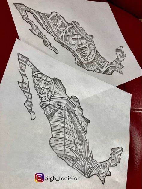 Mexico Country Tattoo, Aztec Art Drawings Patterns, Mexican Tattoo Stencil, Mexican Theme Tattoos, Aztec Pattern Tattoo, Hecho En Mexico Tattoo Ideas, Aztec Art Drawings, Aztec Art Tattoo, Mexico Inspired Tattoo