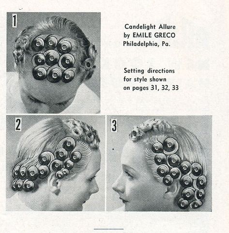 Here's some technique. We could leave the pins in? Check out the parallels with this and the Kanye West razor "fade" cut. Vintage Haircuts, How To Curl Hair, Pin Curl, Retro Updo, Vintage Curls, 1940s Hairstyles, Rockabilly Hair, Curl Hair, Pin Curls