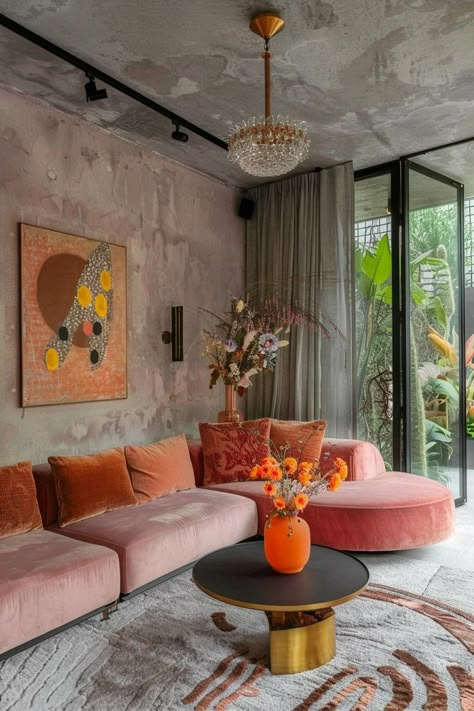 Embracing Pink in Masculine Spaces: A Bold Statement of Equality and Elegance — Living Bright Interiors Colorful Art Deco Living Room, Gold Velvet Couch Living Room Ideas, Colorful Sofas Ideas Living Room, Brickwall Interiors Living Room, Fuschia Living Room, Small Living Room Color Ideas, Pink Couch Living Room Ideas, Pink And Blue Living Room, Contemporary Glam Living Room