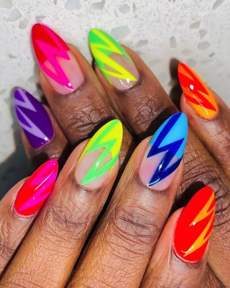 Funky Neon Nails, Neon Funky Nails, Cool Summer Nails Designs, Neon Almond Nails Summer, Summer Nail 2024 Colors, Colorful Nails Square, Cute Funky Nails Summer, Bright Colorful Nails, Bright Color Nail Designs