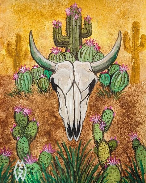 May 10th is National Cactus Day. Here is my painting with a bull skull in some cactus.   I appreciate your feedback and sharing my art with others.   prints/products:  https://www.redbubble.com/shop/ap/157116931 . . . #mattstarrfineart #artistic #paintings #artforsale #artist #myart #dailyart #artlover #artwork #artoftheday #gift #giftideas #tshirts #homedecor  #cactus #cacti #plant #desert #arizonia #bull #skull #skulls #sunset #sunrise #landscape #succulent Western Cactus Painting, Cow Skull Painting Ideas, Cow Skull Painting, Western Pop Art, Rodeo Art, Cactus Paintings, Inspo Art, Desert Animals, Sunrise Landscape