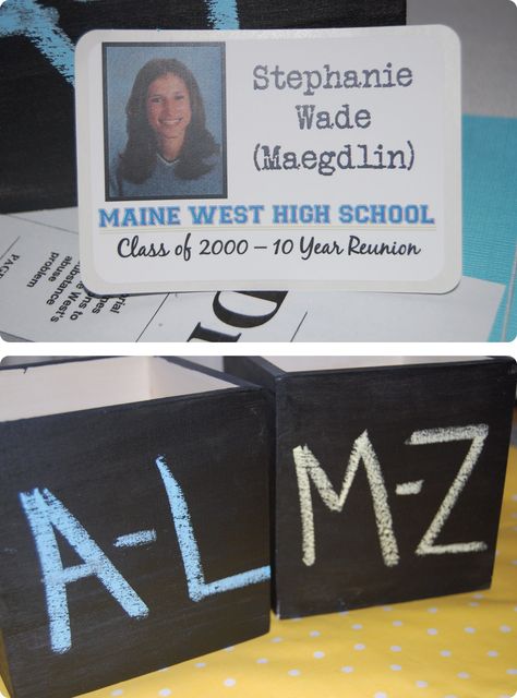 High school reunion nametags were designed to look similar to their old ID badges. The nametags were organized in wooden boxes painted with chalkboard paint. Name Tags Ideas, High School Reunion Planning, Reunion Name Tags, Name Tag Ideas, School Reunion Decorations, Class Reunion Planning, 50th Class Reunion Ideas, 10 Year Reunion, High School Class Reunion