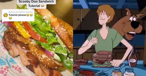 Scooby Doo Sandwich Recipe, Scooby Sandwich, Scooby Doo Recipes, Scooby Doo Food Ideas, Shaggy Sandwich, Scooby Doo Sandwich, Scooby Doo Food, Sandwich Tiktok, Scooby Snax