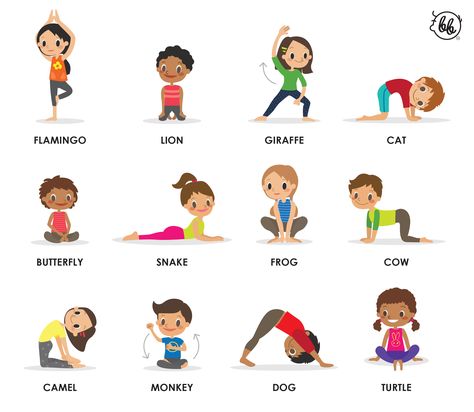 Kid Friendly Yoga, Yoga Animals, Kids Yoga Games, Yoga Poses Chart, Mindfulness For Children, Kid Yoga Lesson Plans, Standing Yoga Poses, Gym Games For Kids, Yoga Drawing