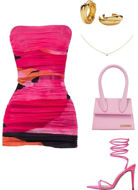 Easy Access Outfit, Pink Club Outfit, 80s Maximalism, Cocktail Party Attire, Midi Dress Strapless, Look Shein, Night Out Looks, Maximalist Fashion, Flirty Outfits