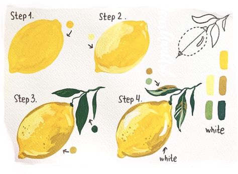 Watercolor Inspo Beginner, Monday Art Illustrations, Watercolor Art Lemon, Easy Beginner Oil Painting, Water Paint Ideas Easy, Oil Pastel Fruit Drawings Easy, Guache Fruit Painting, Simple Lemon Painting, Guache Paintings Easy Ideas