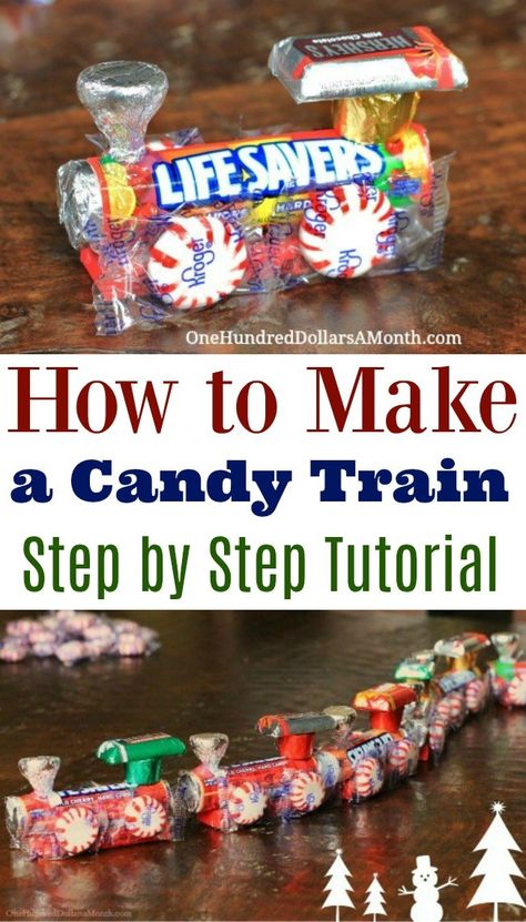 How To Make A Candy Train - Easy Kids Christmas Crafts - One Hundred Dollars a Month Easy Kids Christmas Crafts, Kids Christmas Crafts, Easy Kids Christmas, Candy Train, Christmas Candy Crafts, Diy Christmas Candy, Kids Christmas Crafts Easy, Christmas Candy Gifts, Christmas Crafts For Kids To Make