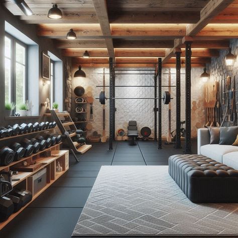 Basement Gym Ideas Industrial Basement Gym Ideas, Gym Room In Garage, Big Home Gym Ideas, Garage Gym Build, Home Gym Industrial Look, Gym Lounge Area Ideas, Home Gym Wallpaper Ideas, Basement Gym Renovation, Basement Gym Room