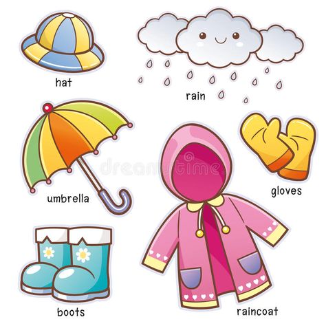 Rain Clothes. Vector illustration of Cartoon Rain Clothes vocabulary , #spon, #Vector, #Clothes, #Rain, #vocabulary, #Cartoon #ad Rainy Clothes, Rainy Season Clothes, Rainy Day Clothes, Rain Clothes, Clothes Worksheet, Day Clothes, Learning English For Kids, Flashcards For Kids, Kids English