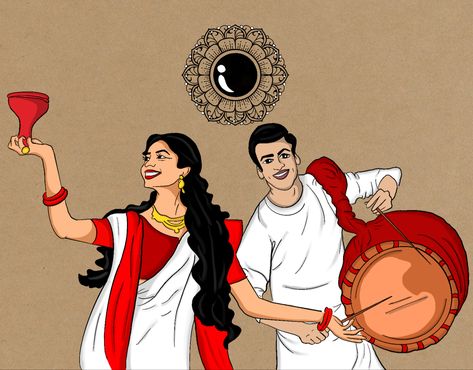 Mahalaya Illustration, Bengali Couple Illustration Drawing, Durga Puja Illustration, Nid Drawings, Bengali Illustration Art, Bengali Illustration, Agarbatti Packaging, Bangla Art, Bengali Aesthetic