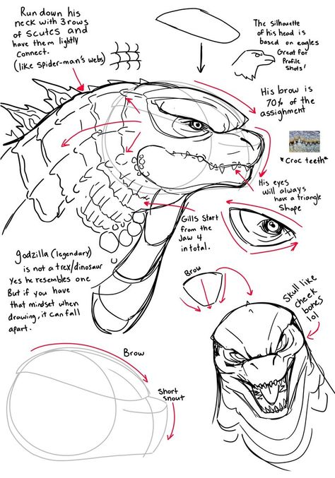 Godzilla Reference Drawing, Godzilla Character Design, Kaiju Monsters Concept Art, Godzilla Art Drawing, Monster Art Reference, Godzilla Anatomy, Godzilla Drawing Sketches, How To Draw Godzilla, Creature Design Sketch