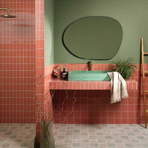 Ceramic Coral, Pink Tiles, Large Format Tile, 아파트 인테리어, Brick Tiles, Square Tile, Green Bathroom, Ceramic Wall Tiles, The Victorian Era