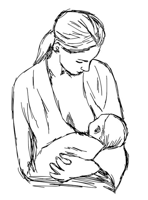 Breastfeeding Drawing Sketch, Mother Baby Sketch, Breastfeeding Drawing, Mommy Drawing, Baby Drawing Easy, Mother Drawing, Mother Feeding Baby, Mother And Child Drawing, Milk Drawing