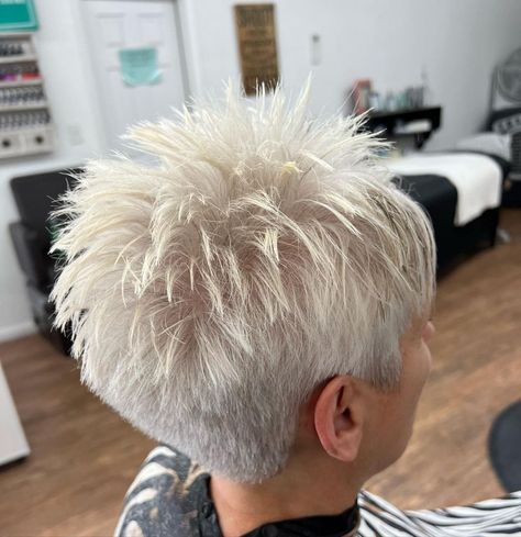 Pixie Haircut Spiked, Short Hair Styles From The Back, Spiky Pixie Haircut Spikes With Bangs, Messy Spikey Short Hair, Short Spiky Pixie Haircuts Over 50, Funky Pixie Hairstyles, Messy Short Hair Pixie, Funky Pixie Cut 2024, Short Hair Back View Neckline